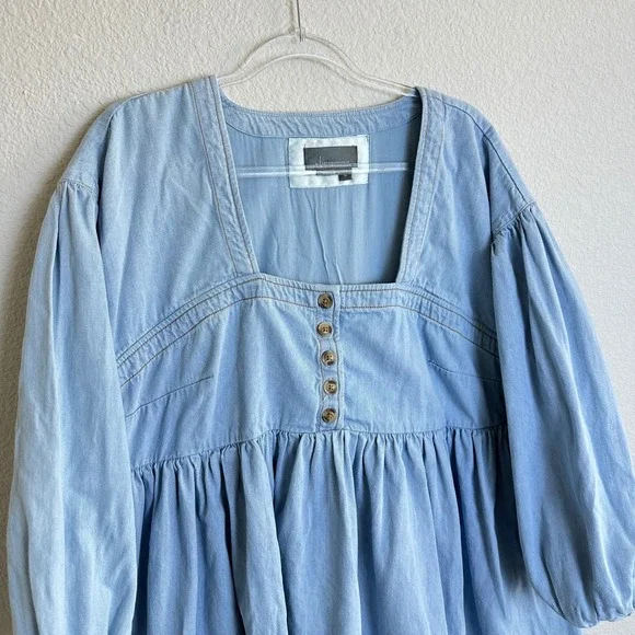 Anthropologie Blue Denim Square Neck Puff Sleeve Babydoll Dress Top 1X pockts - Picture 3 of 9